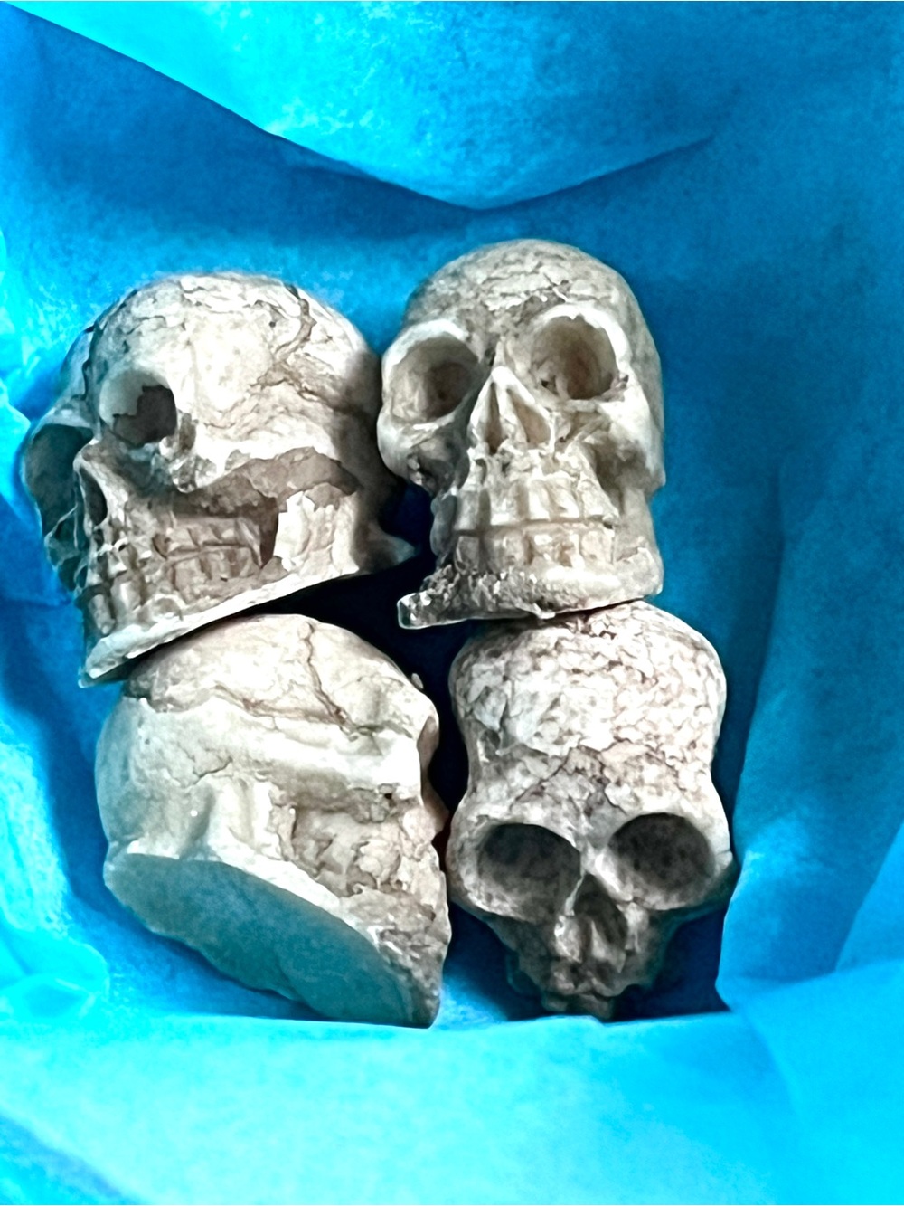 Set of 4 Decorative Clay Skull Accents in Beige- Mini, New, Fun!
